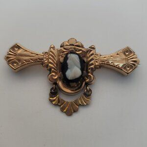 Antique Victorian Gold Filled & Shell Etruscan Revival Cameo Bar Pin/Brooch
